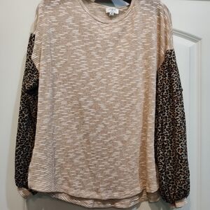 Umgee Tan Blouse with Leopard Print Balloon Sleeves
